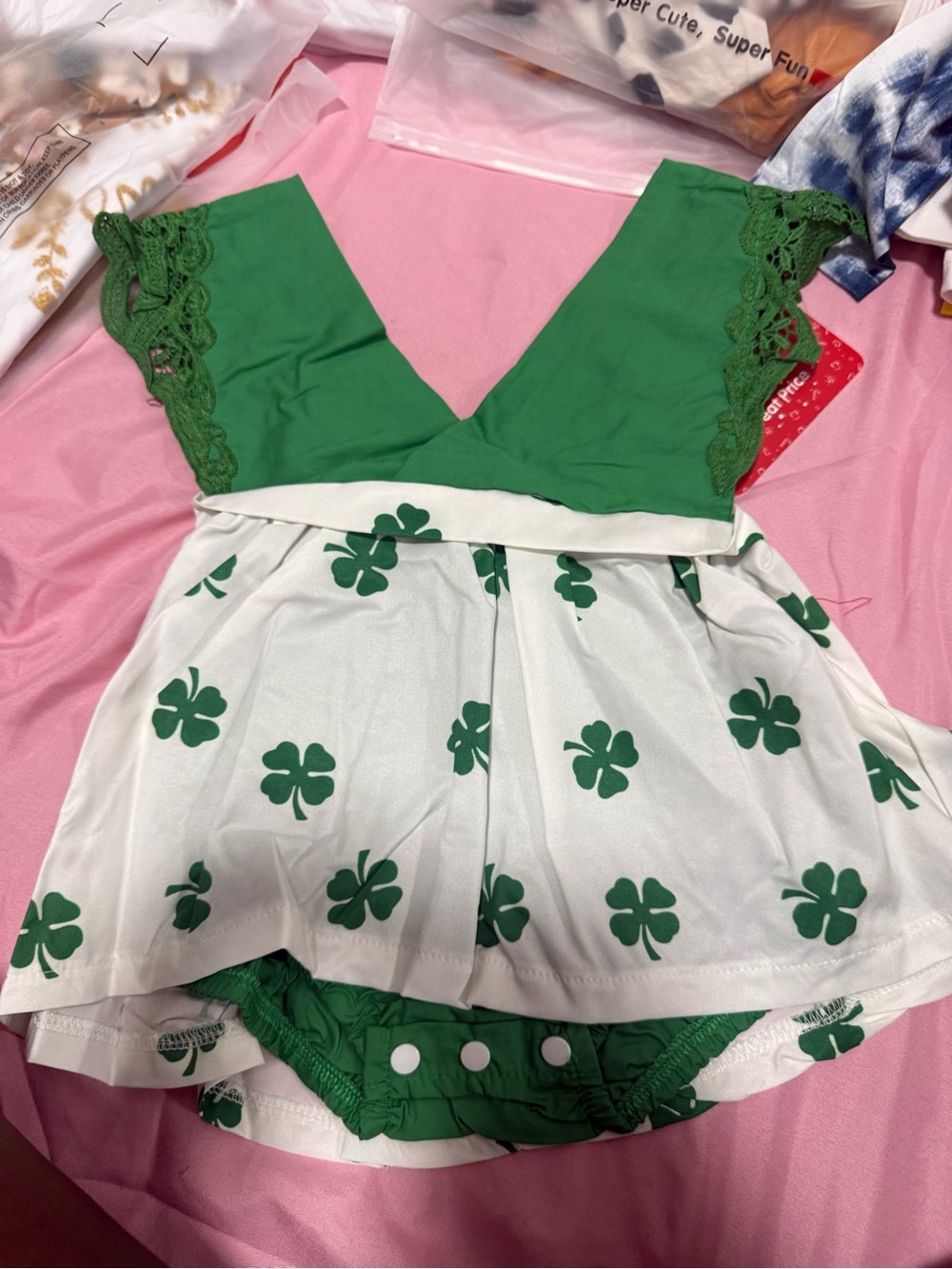 Bundles 3 baby clothes Green & White Clover Baby Dress with Lace Sleeves